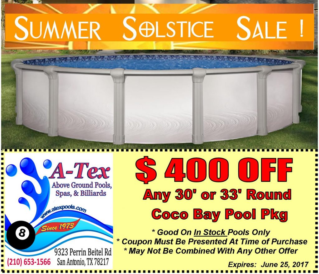 Summer Solstice Pool Coupon ATex Above Ground Pools, Spas, & Billiards